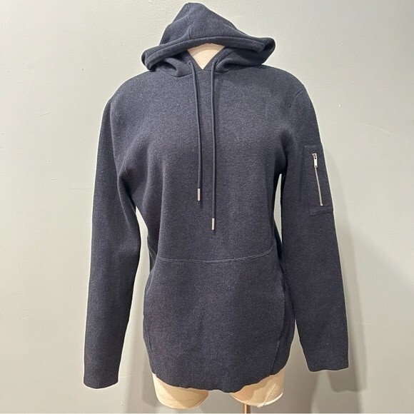 Karl Lagerfeld Paris Navy Blue Zip Sleeve Pullover Sweater Hoodie Size Small - Picture 2 of 10